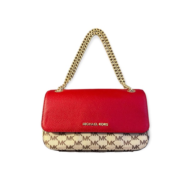 NEW Michael Kors Scarlet & Natural Small Flap Logo Bag Jet Set Chain 38H8CTCF1V - Picture 11 of 15
